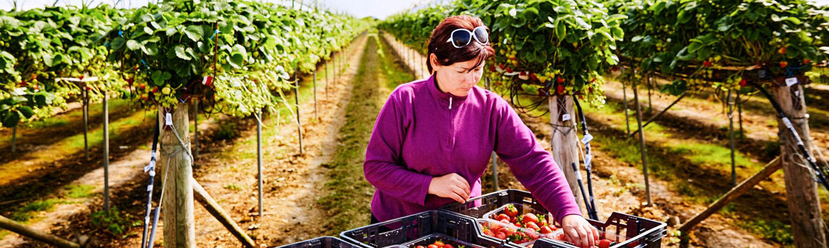 A farmer working in a strawberry farm